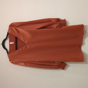 Glam Rust Orange Satin V-Neck Long Sleeve Dress Size Small